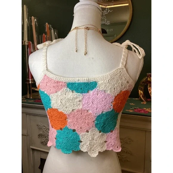 POL One Size Crochet Flower Applique Crop Tank Top Beaded Ivory Pink Orange Teal - Picture 3 of 5